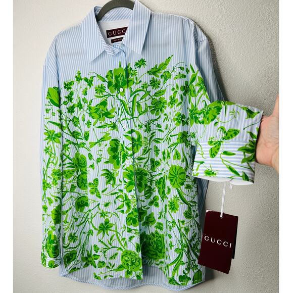 NWT Gucci Blue Green Stripe Floral Print Long Sleeve Button Collar Shirt 44 / L - Picture 1 of 16